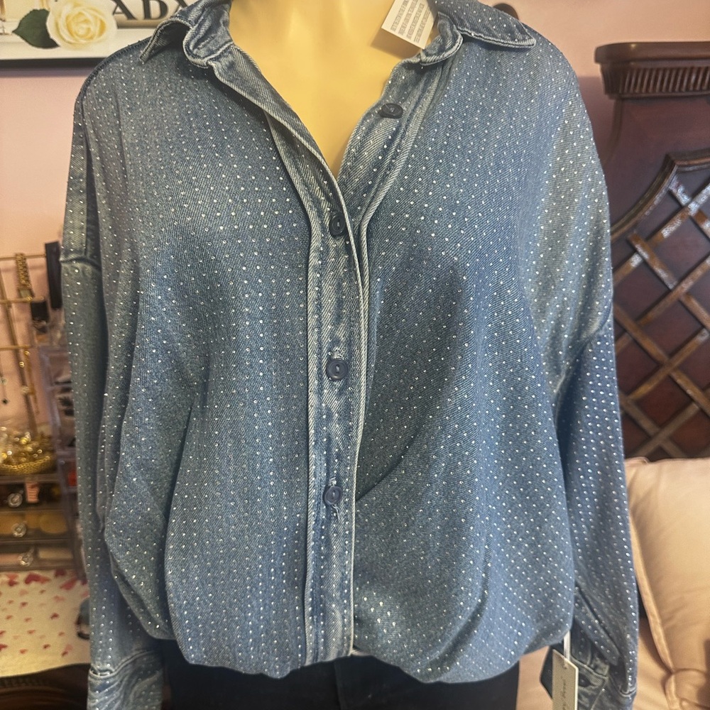 Denim rhinestone Blue Button-Down Shirt for Women